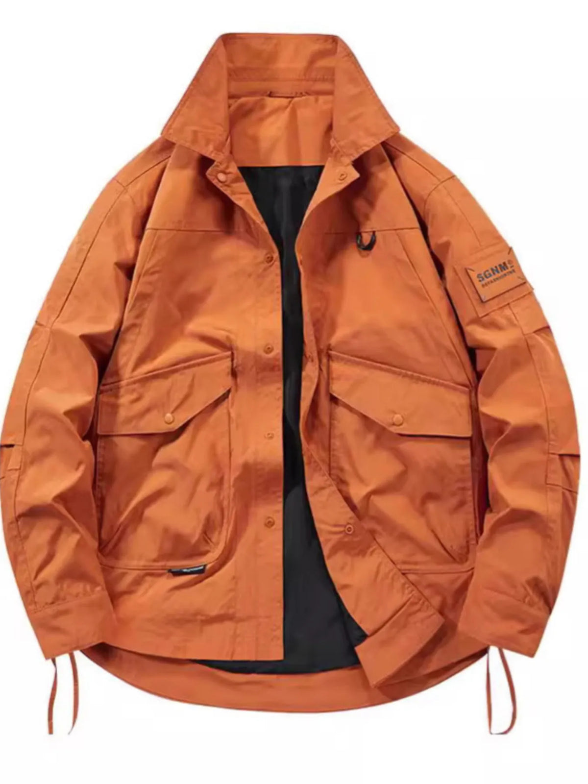 Oversized orange cargo jacket with multiple pockets and a stand-up collar.