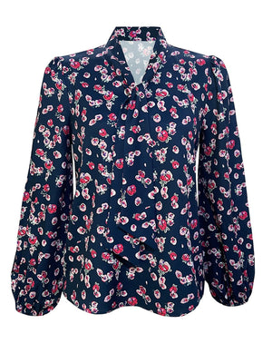 Printed Bow-Tie Neck Long Sleeve Blouse in dark gray