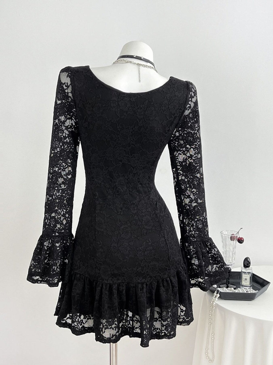 mini dress in Black with floral and lace