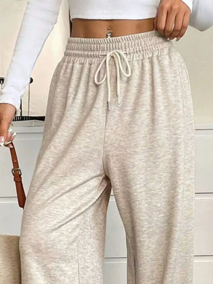 High-waisted Wide-leg Pants With Drawstring in Khaki with drawstring waist