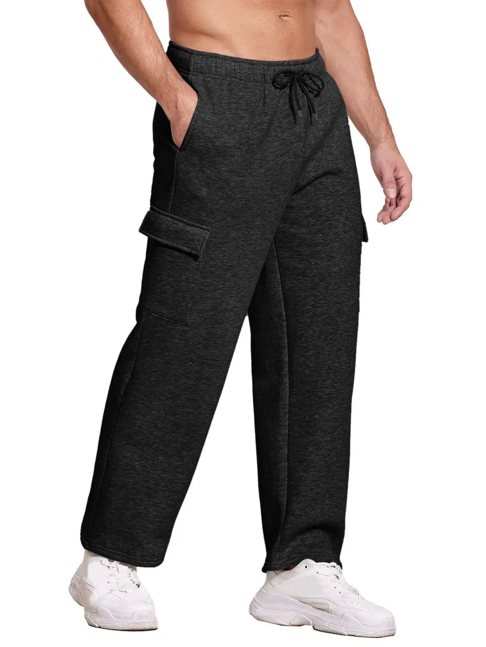 Dark gray fleece cargo joggers with drawstring waist and side pockets.