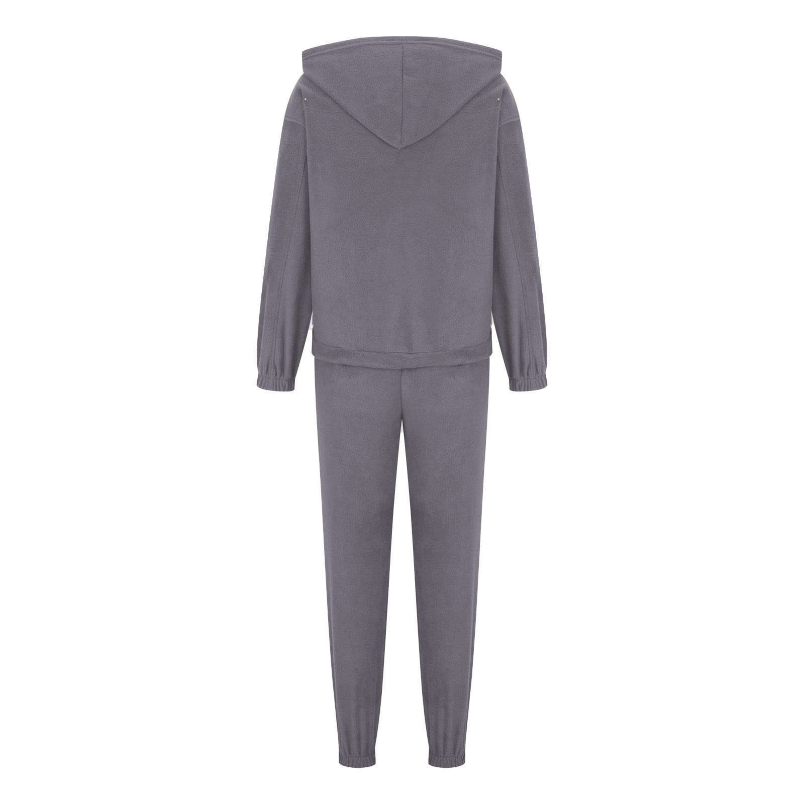 Dark gray fleece hoodie and jogger set with drawstring hood and elastic cuffs.