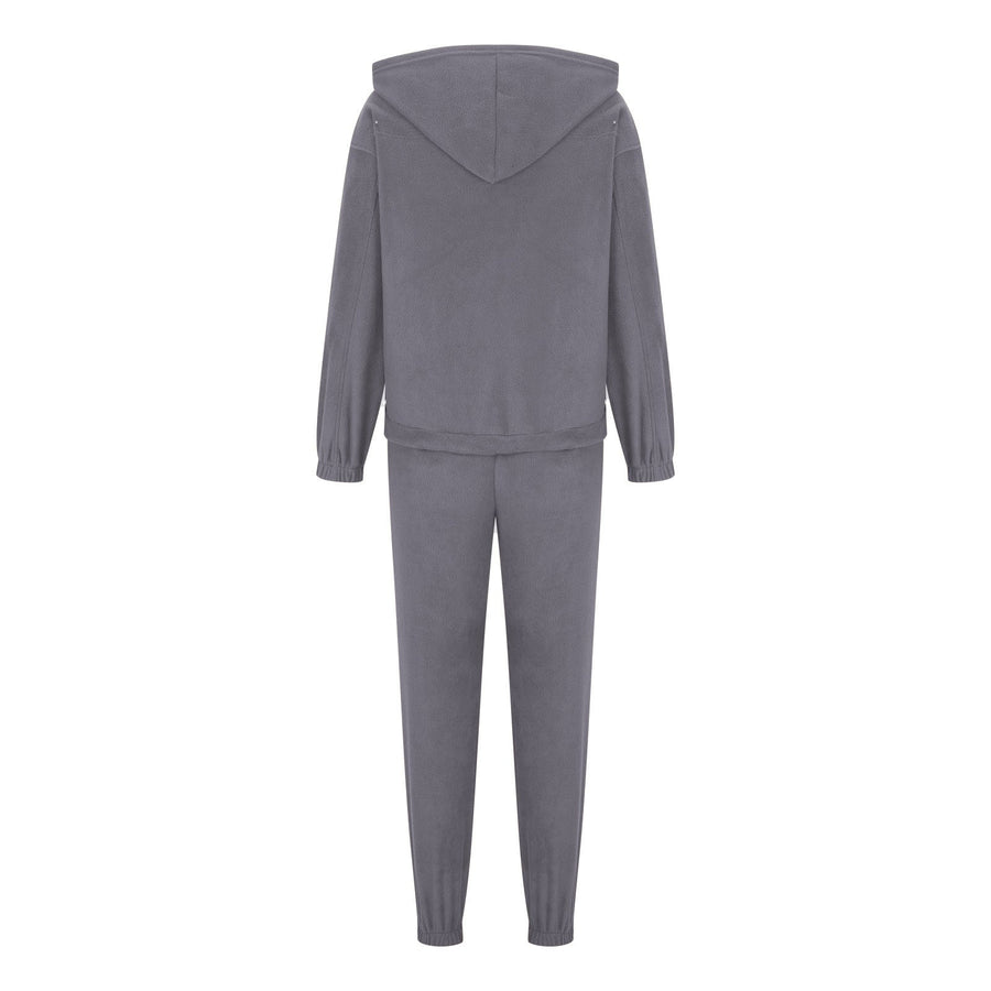 Dark gray fleece hoodie and jogger set with drawstring hood and elastic cuffs.