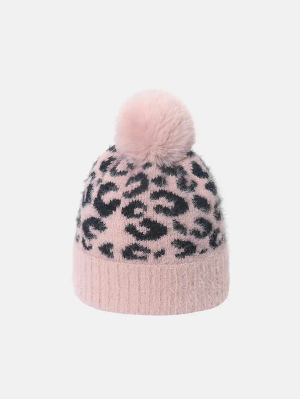 Blush pink acrylic knit beanie with black leopard print and pink pom pom.