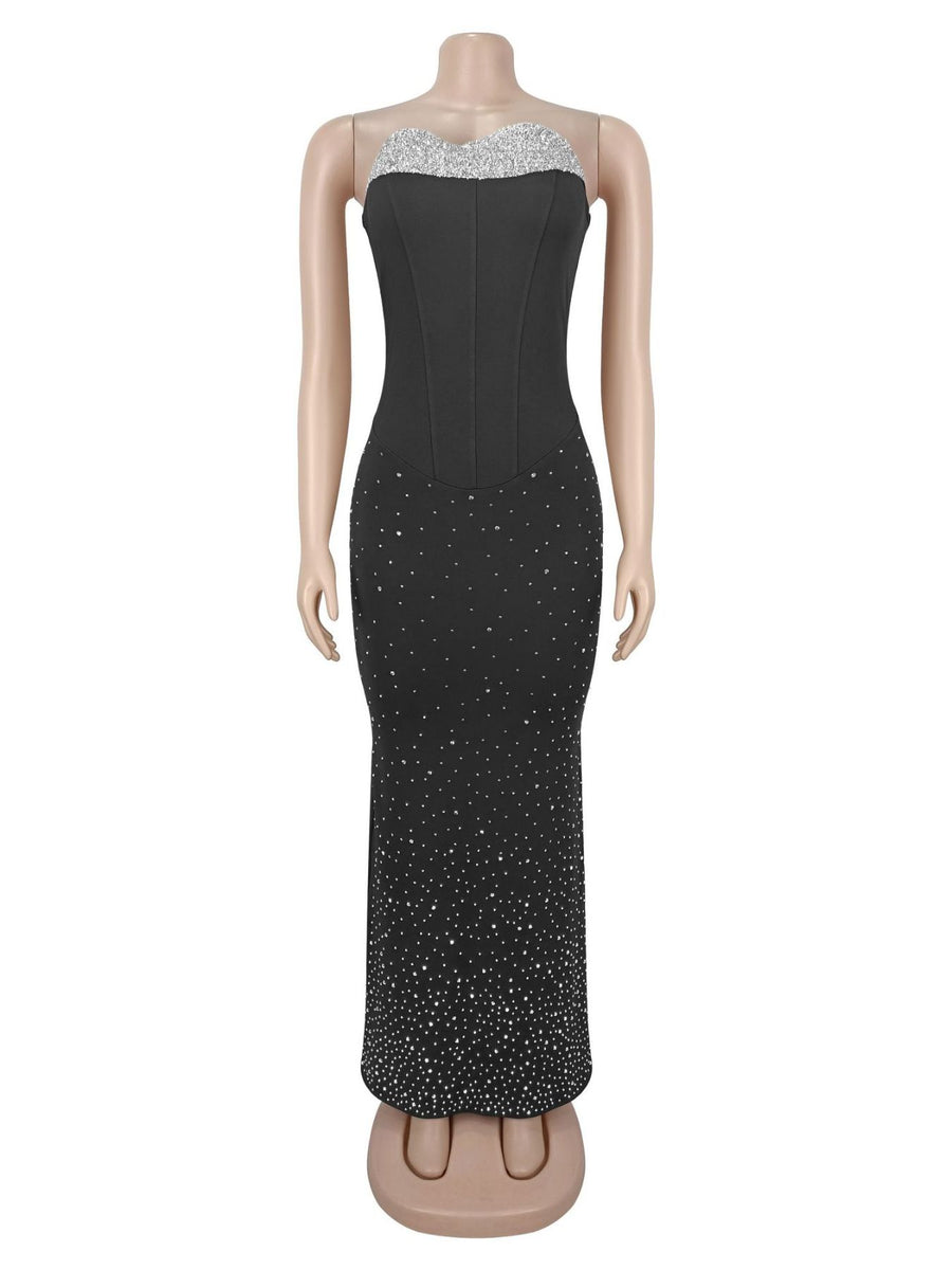 maxi dress in black with rhinestone and maxi