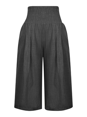 Dark gray linen blend culottes with smocked high waist and wide legs.