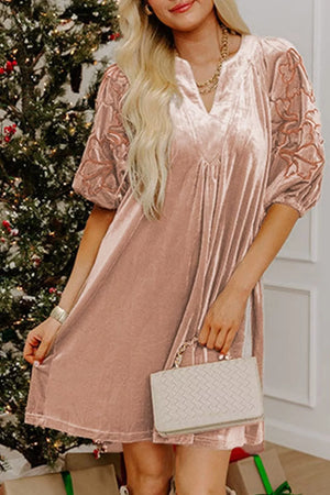 Embroidered-sleeve Velvet Mini Shift Dress in Dusty Pink