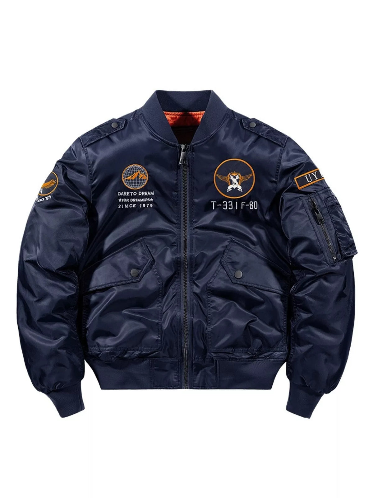Men's blue zip up bomber jacket with patches and utility sleeve pocket.