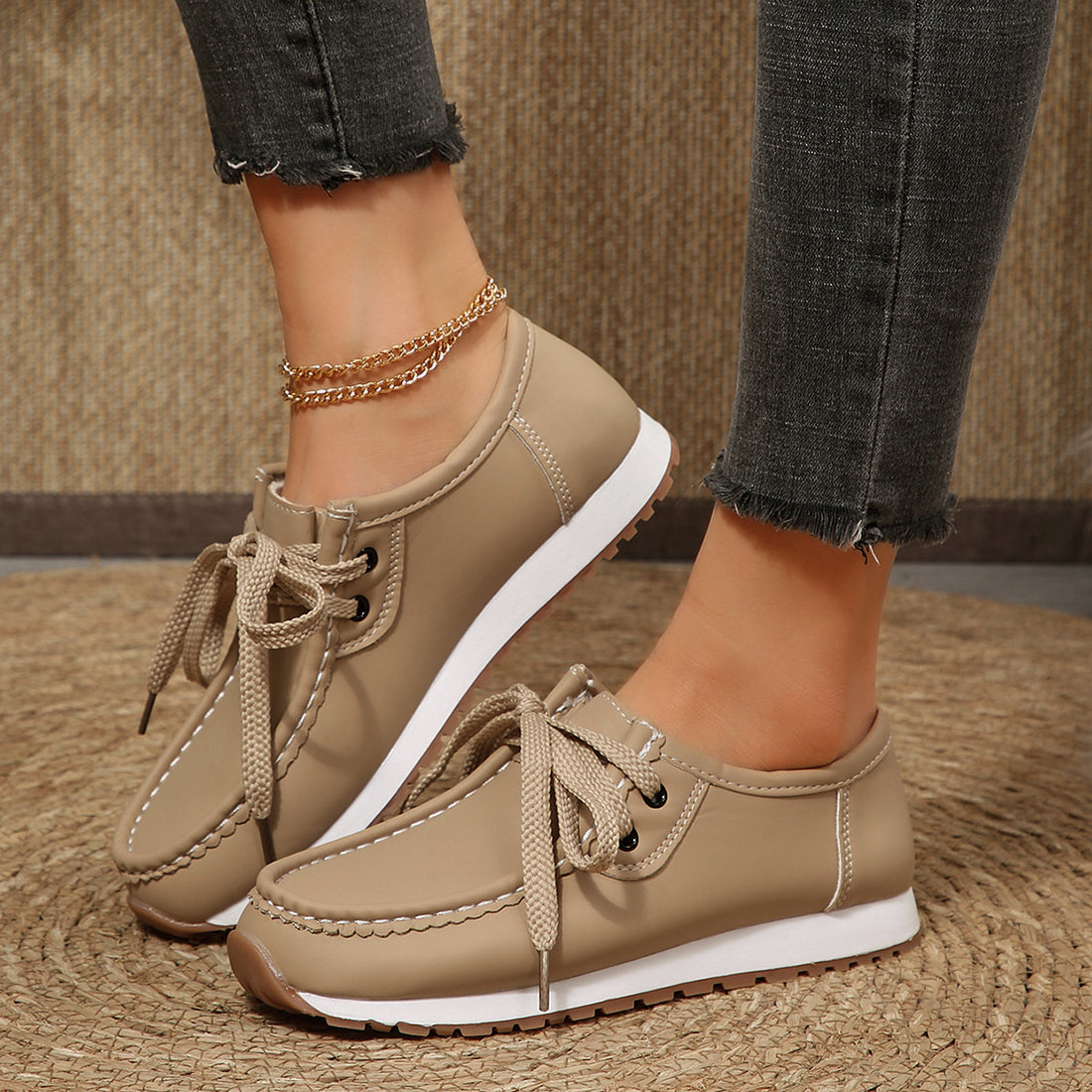 Leather Flat-Sole Round Toe Lace Up Sneakers in Brown with round toe
