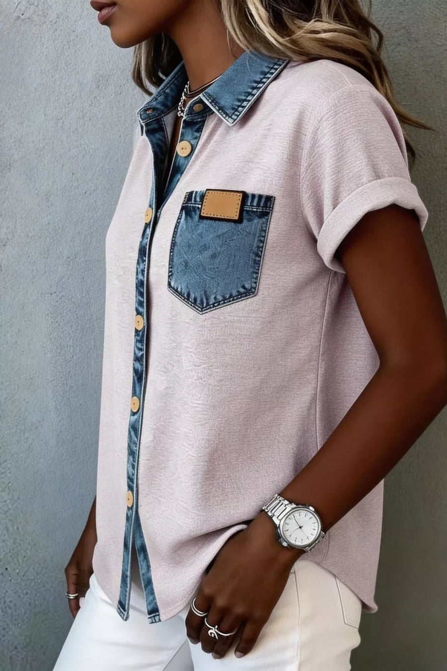 Blush pink overshirt with denim collar, pocket, and button placket.