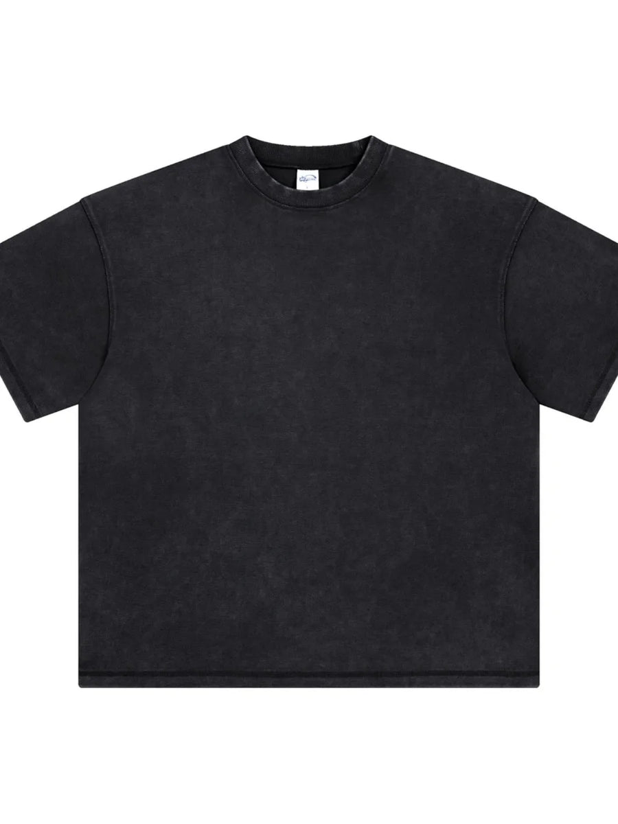 Black vintage wash boxy t-shirt with crew neck and short sleeves.