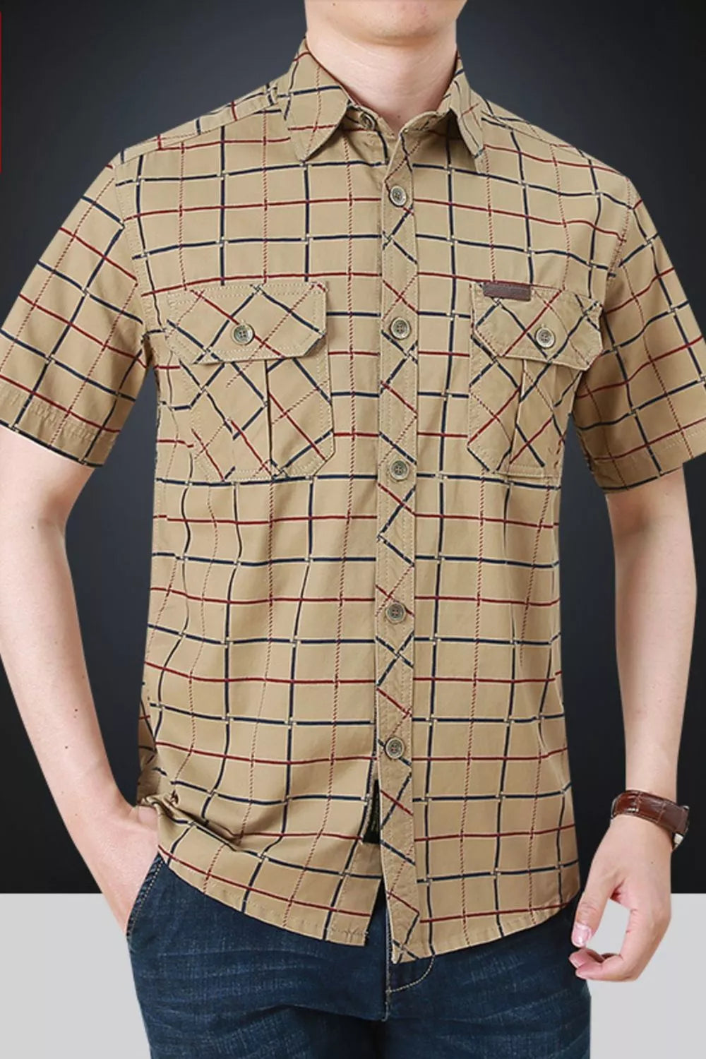 Men's Khaki Plaid Short Sleeve Button-Down Shirt with two chest pockets.