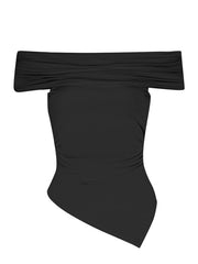 Black asymmetrical ruched off-shoulder top with a draped neckline and handkerchief hem.