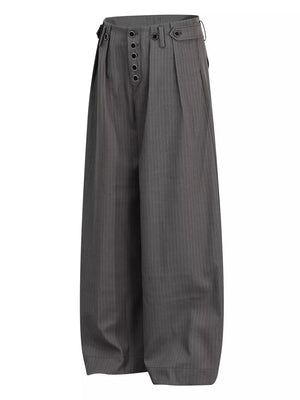 Grey pinstripe wide-leg men's sweatpants with button fly and adjustable waist tabs.