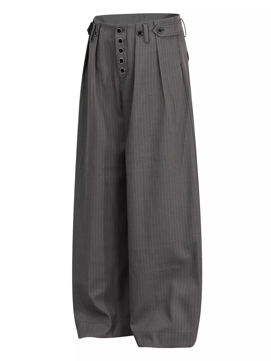 Grey pinstripe wide-leg men's sweatpants with button fly and adjustable waist tabs.