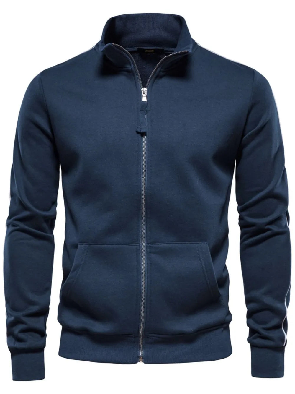 Navy track jacket with white side stripes, full zip, and pockets.