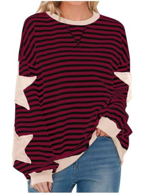 Full Size Star Patch Striped Oversized Sweatshirt in teal green