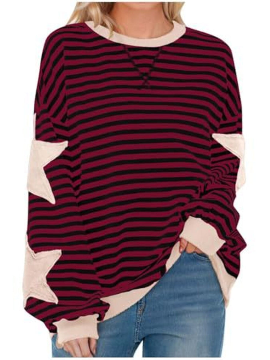 Full Size Star Patch Striped Oversized Sweatshirt in teal green