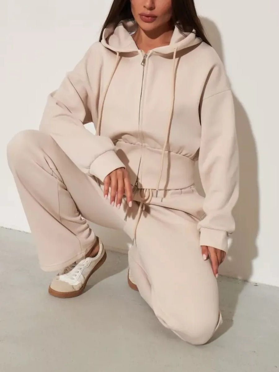 Black Zip-up Hoodie And Wide-leg Pants Set