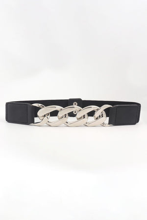 Black elastic belt with chunky silver chain detail and faux leather ends