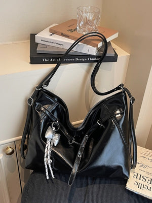 Medium Magnetic PU Leather Shoulder Bag in black with adjustable strap