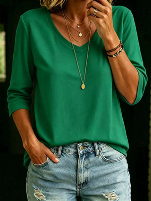 Orange Full Size V-neck 3/4 Sleeve T-shirt Plus Size