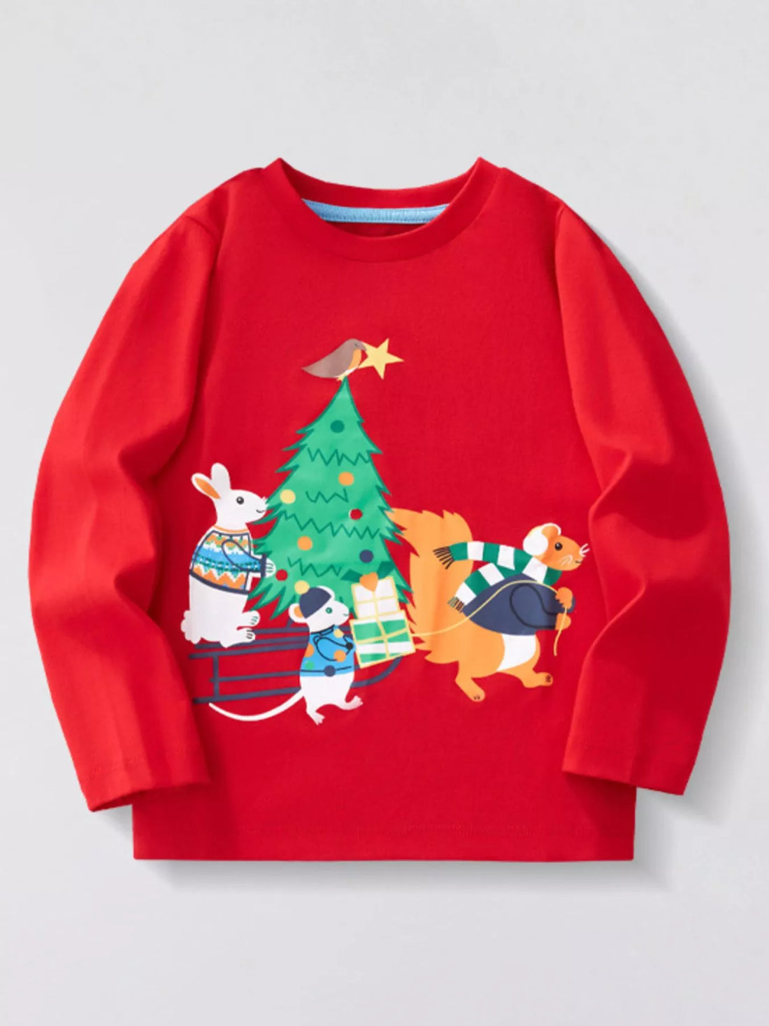 Red long sleeve cotton t-shirt with Christmas animal graphic and festive attire.
