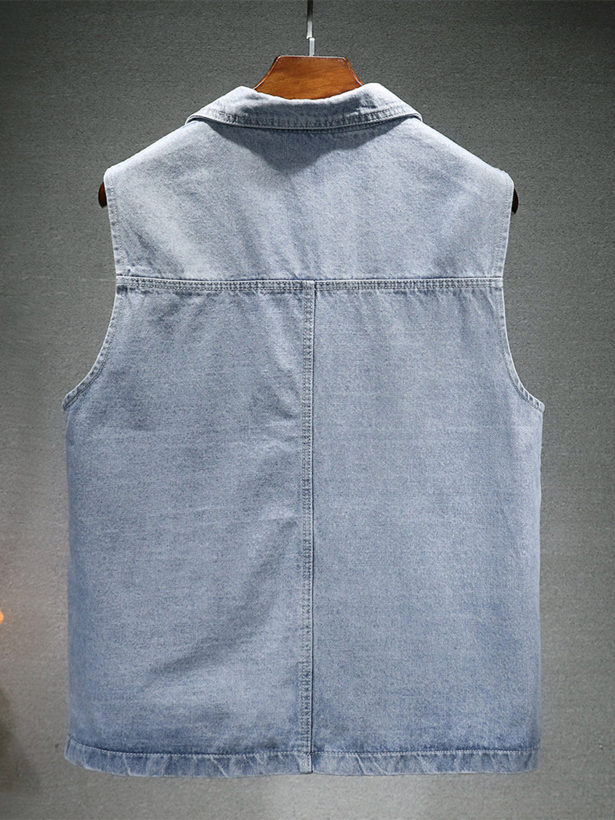 Light blue denim vest for men, classic collar, sleeveless, basic style.