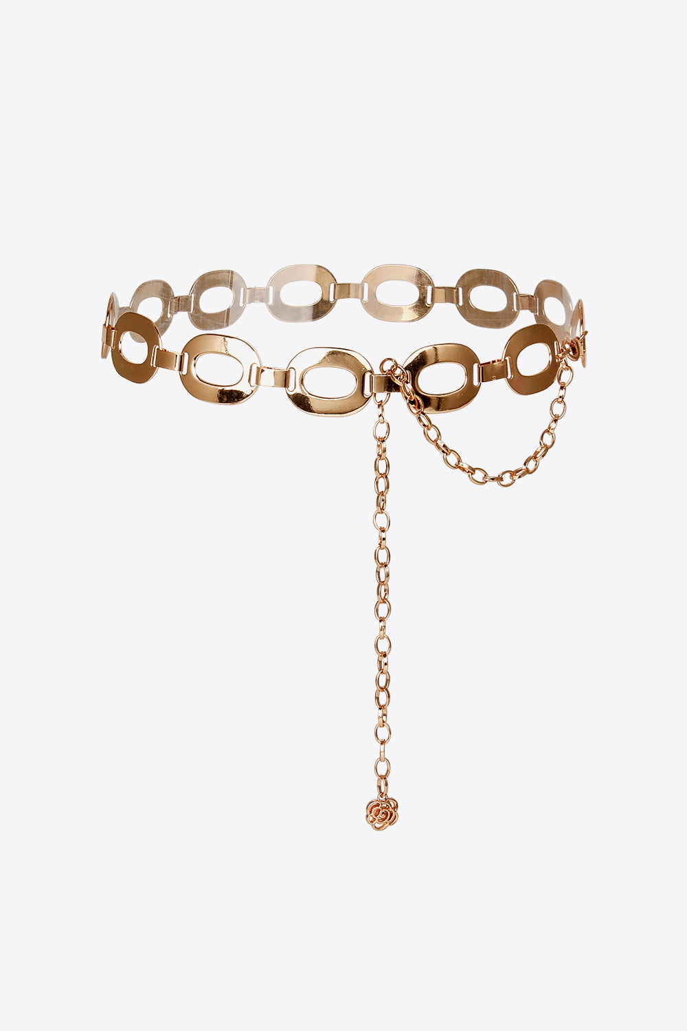 Gold oval link chain belt with a dangling chain and rose charm.