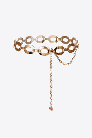 Gold oval link chain belt with a dangling chain and rose charm.