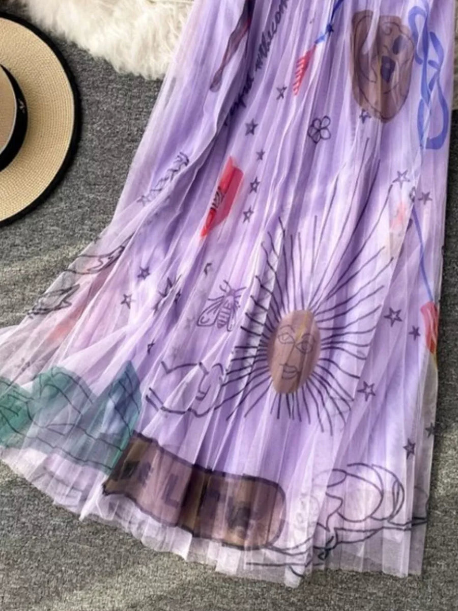 Pleated tulle skirt in violet with a whimsical sunburst and abstract print.
