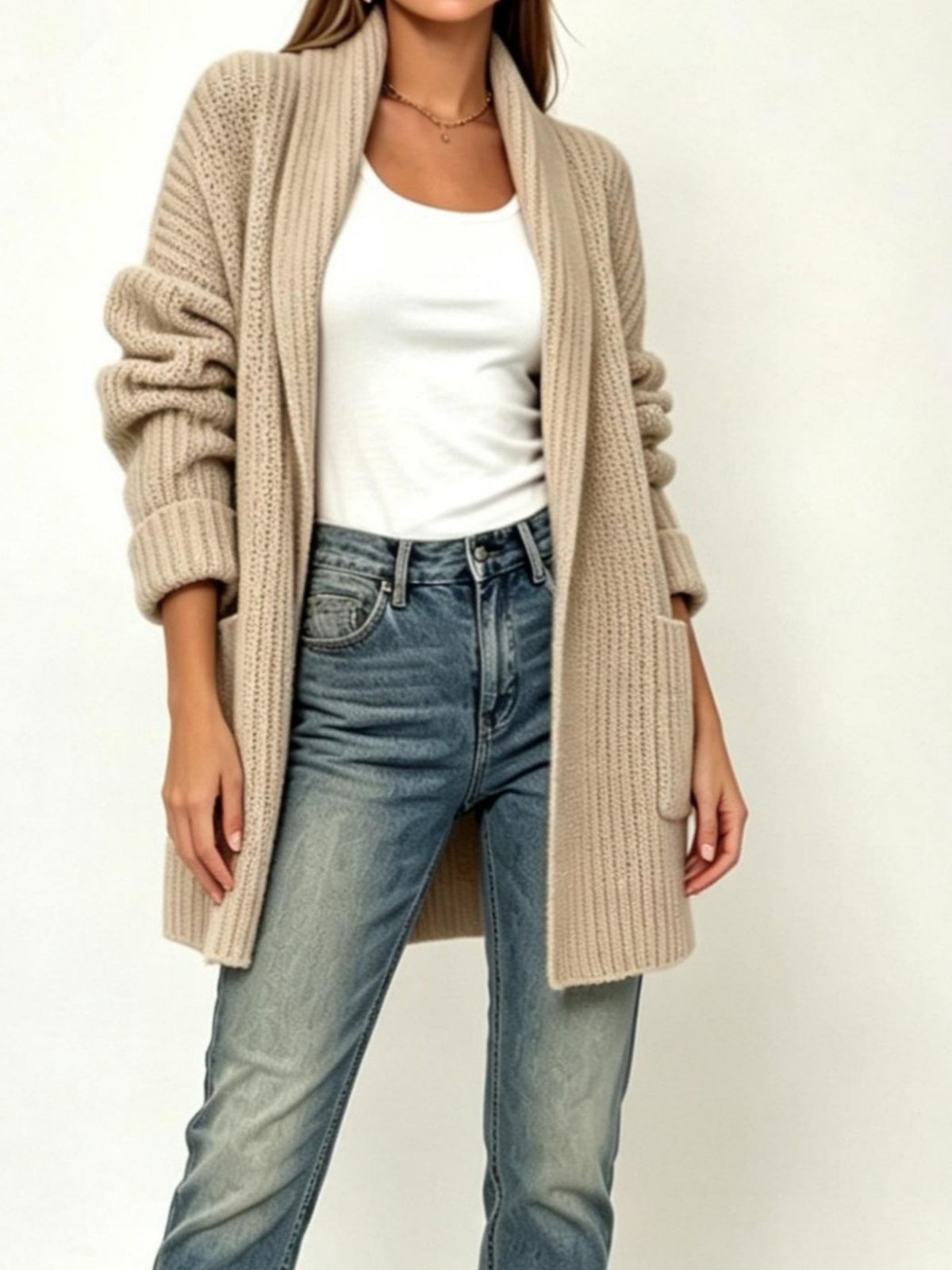 100% polyester Care instructions: Machine wash cold cardigan in Beige with relaxed silhouette
