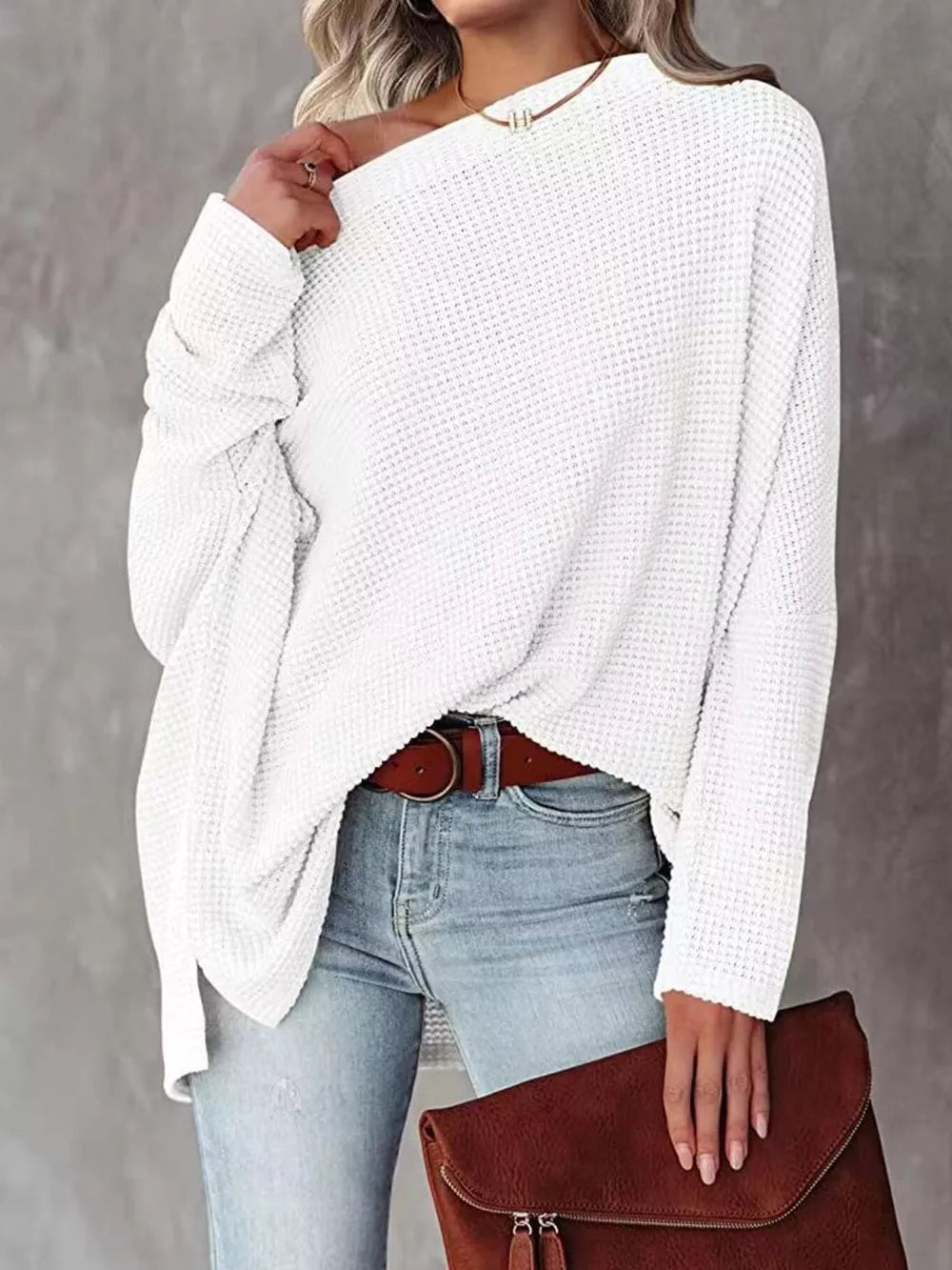 sage green pullover sweater with waffle-knit and long sleeve