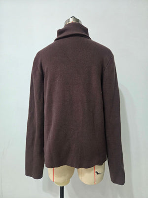 chocolate brown zip-up sweater with stretch and long sleeve