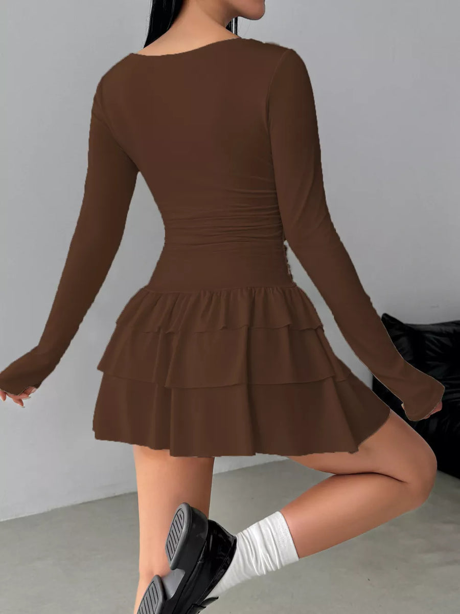 Ruched Long Sleeve Layered Ruffle Mini Dress in Black