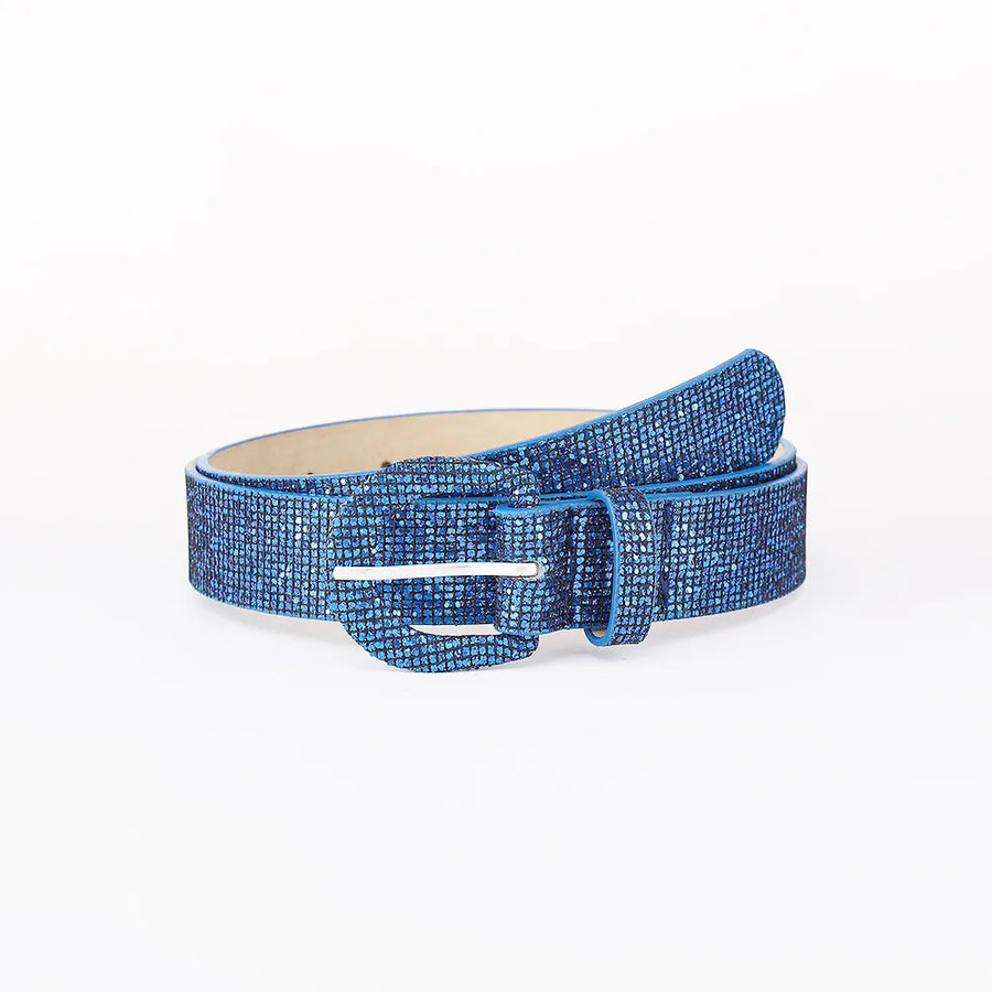 Royal blue glitter micro-studded belt with a silver buckle.
