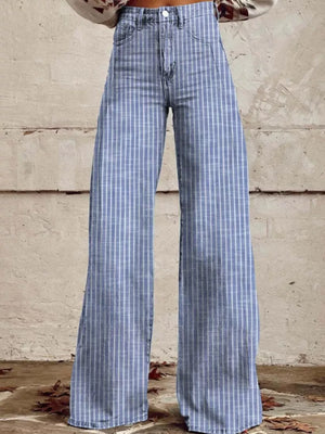 Light blue pinstripe high-waisted wide-leg denim jeans with pockets
