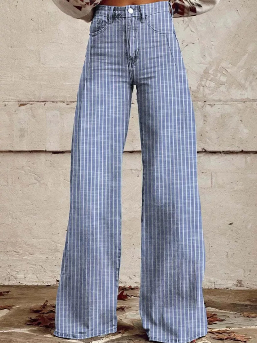 Light blue pinstripe high-waisted wide-leg denim jeans with pockets