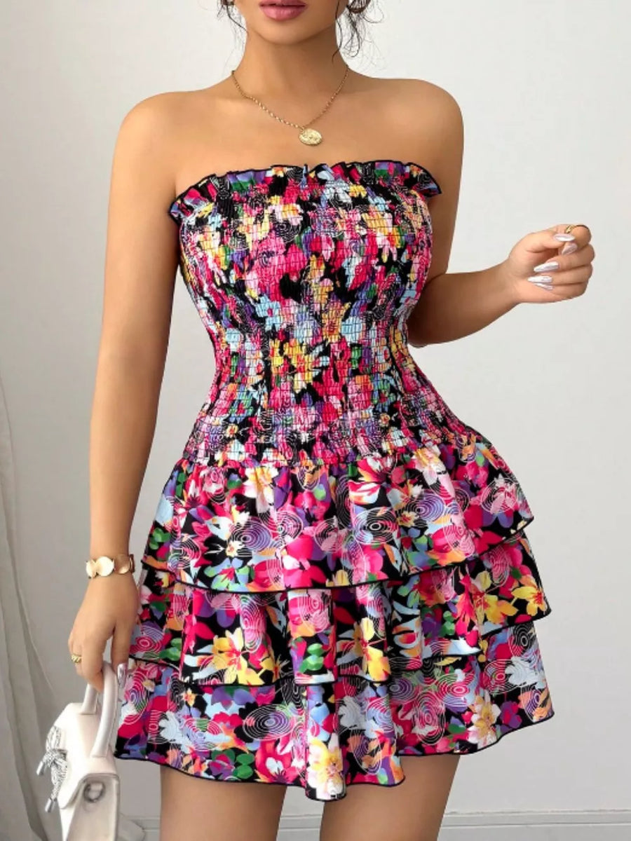 Color with Strapless Smocked Floral Tiered Mini Dress