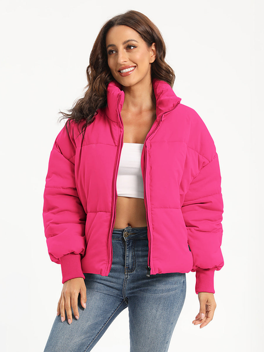 Hot Pink padded bomber jacket with ribbed cuffs and a stand-up collar.