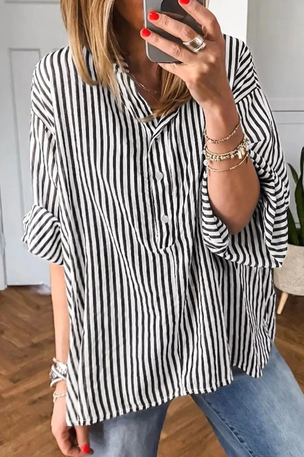 Black Striped Half Sleeve Button-up Shirt
