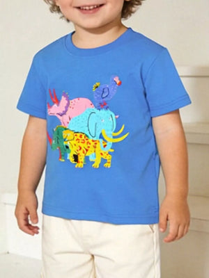 Blue cotton toddler t-shirt with colorful stacked animal print graphic.