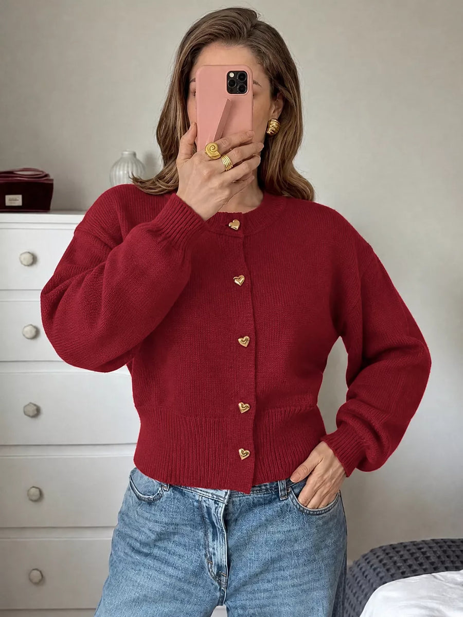 Red cardigan with waist-length and button-front