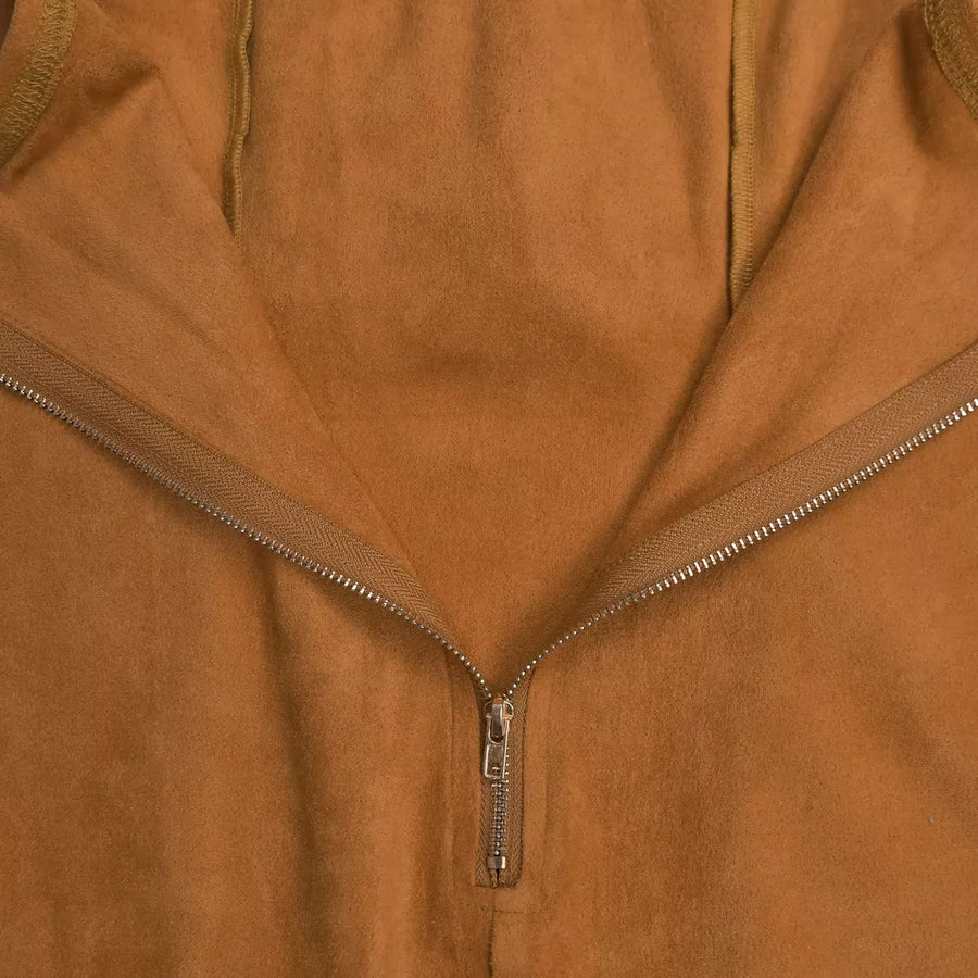 Caramel suede dress with asymmetrical neckline and zipper detail.