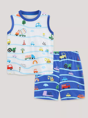 Toddler blue vehicle print cotton tank top and shorts set with wavy stripes.