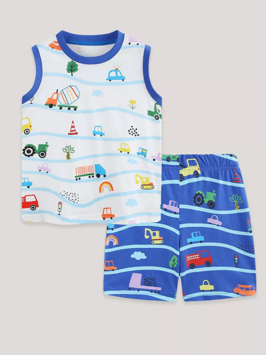 Toddler blue vehicle print cotton tank top and shorts set with wavy stripes.