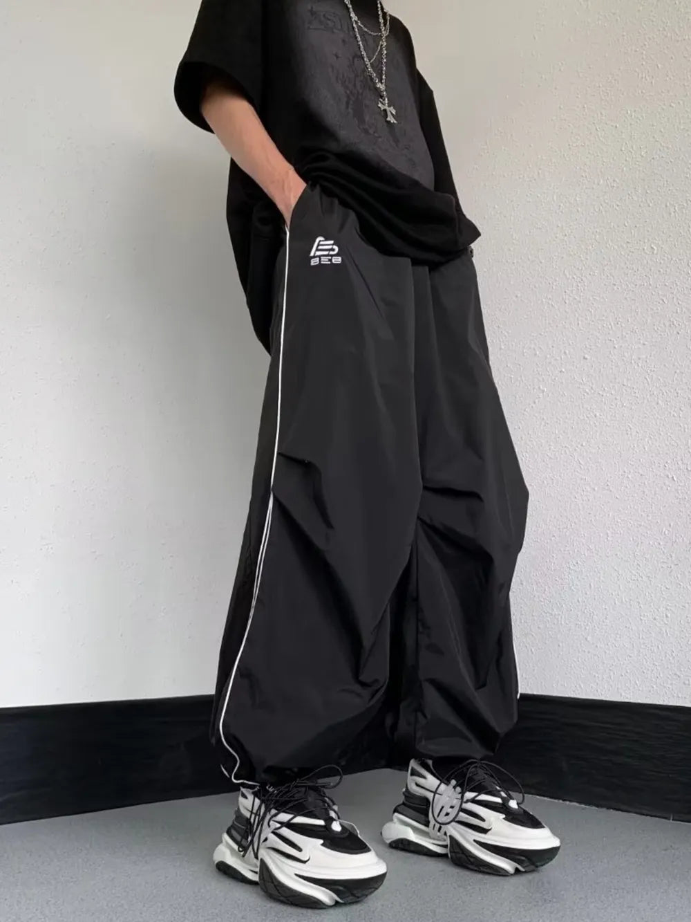 Black Men's Striped Wide Leg Pants