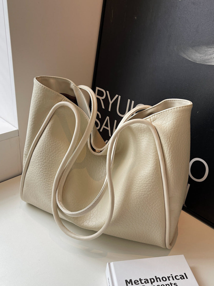 Shoulder-Strap PU Leather Tote Bag in Khaki with shoulder strap