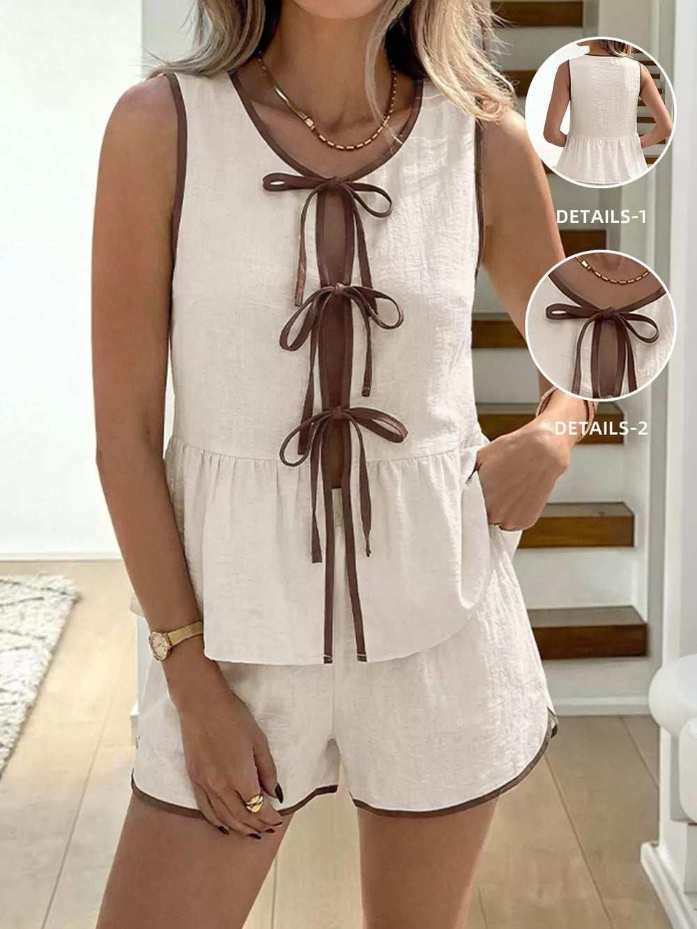 Beige tie-front sleeveless top and shorts set with brown trim and ties