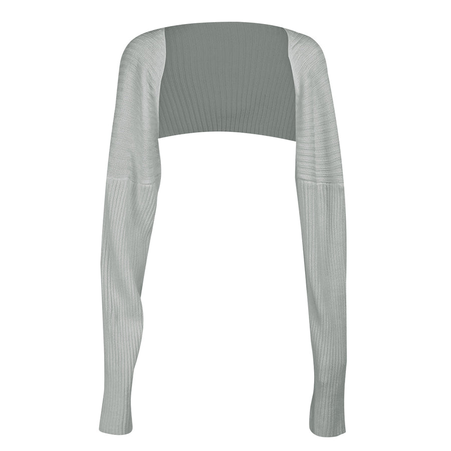 Light gray ribbed knit sleeve shrug with long sleeves and a cropped back.